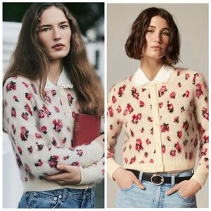 J. Crew Brushed Cashmere Cropped Cardigan in Blurry Floral Cream & Red Small